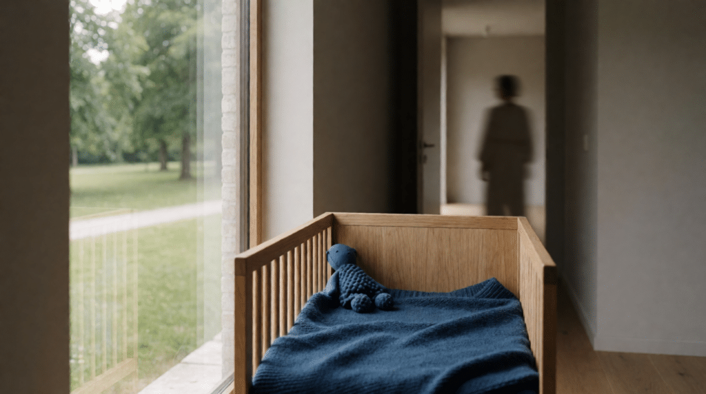 Baby cot with soft blanket and stuffed toy in a bright nursery