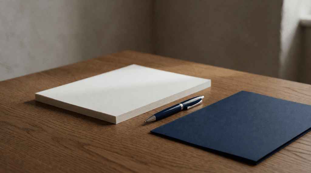Wooden table with a stapled stack of typed documents, a ballpoint pen and a closed folder