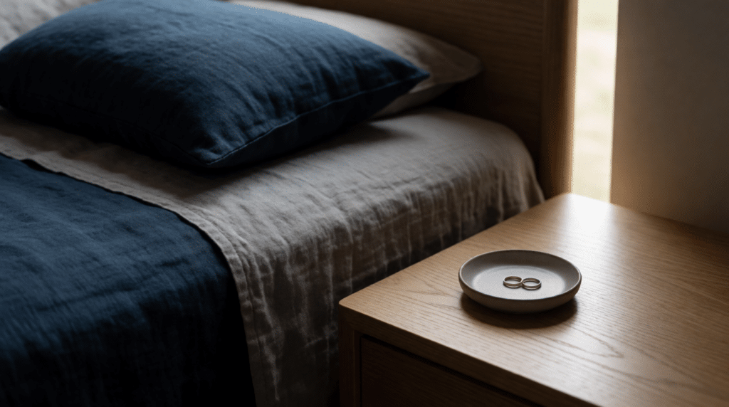 Double bed with a dish holding two plain rings on the bedside table
