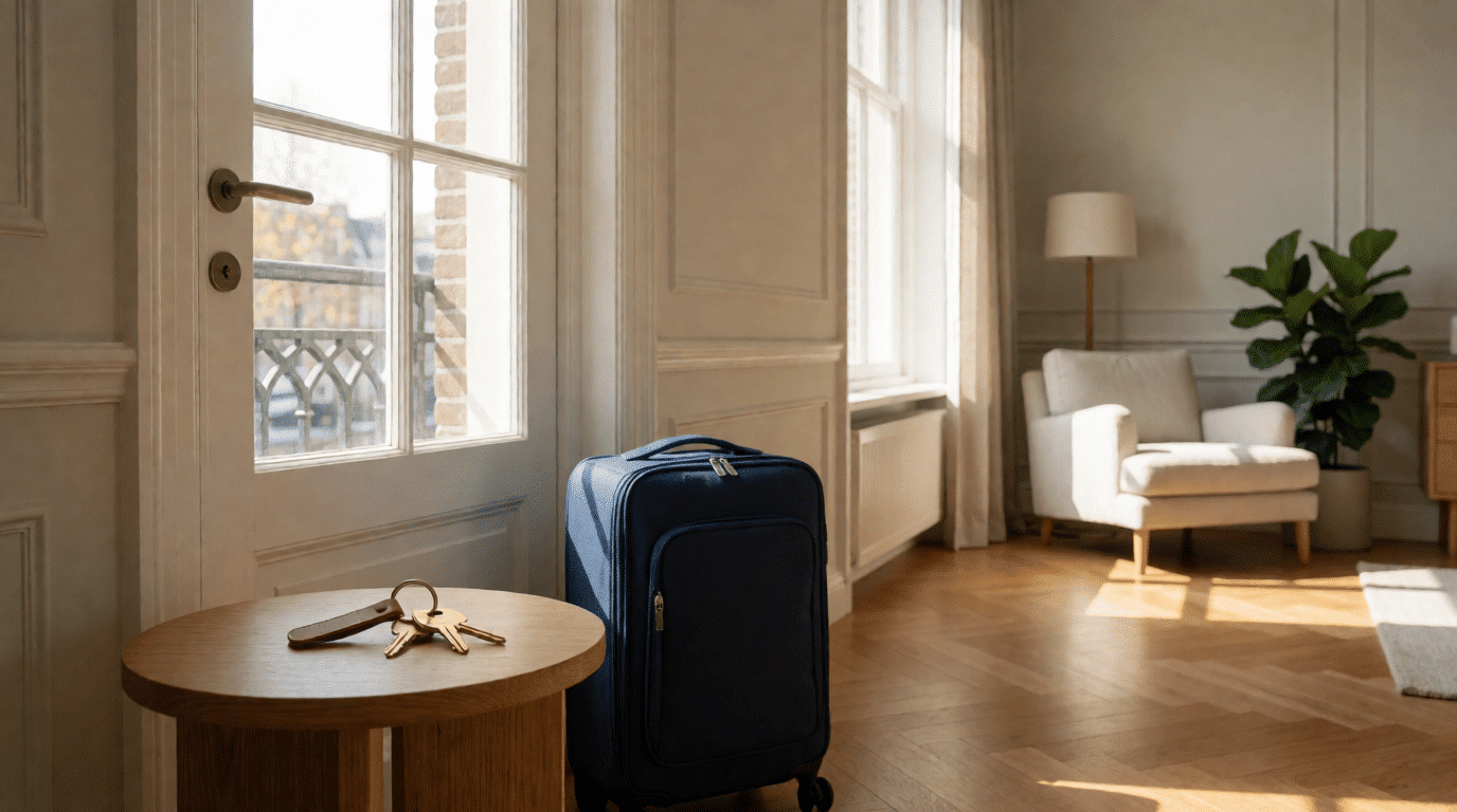 Furnished canal-house apartment with a suitcase and house keys by the door, ready for a temporary tenant