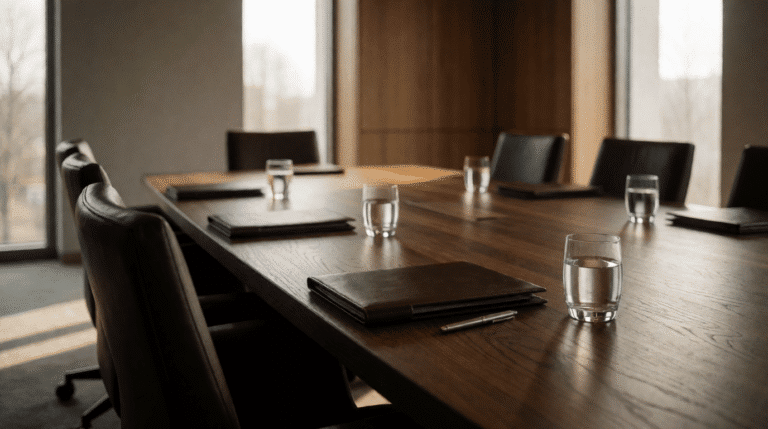 Empty boardroom table with leather folders and glasses of water after a shareholders meeting