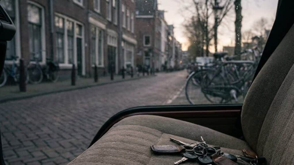 Car keys on the passenger seat of a parked car on a street