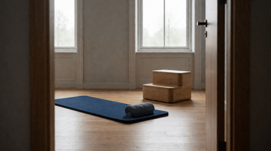 Physiotherapy room with an exercise mat, rolled towel and wooden step