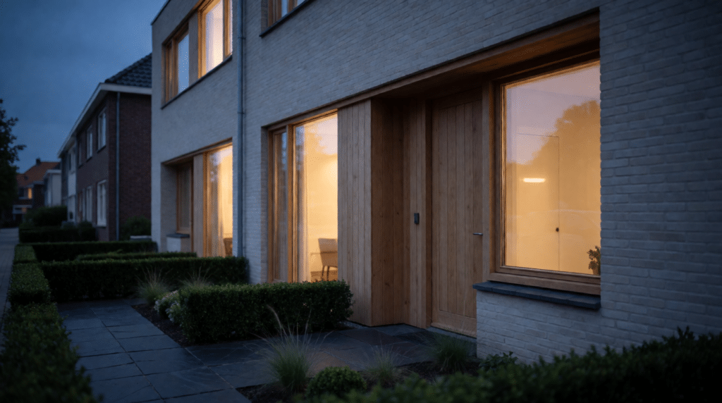 New-build row house with a front garden at dusk