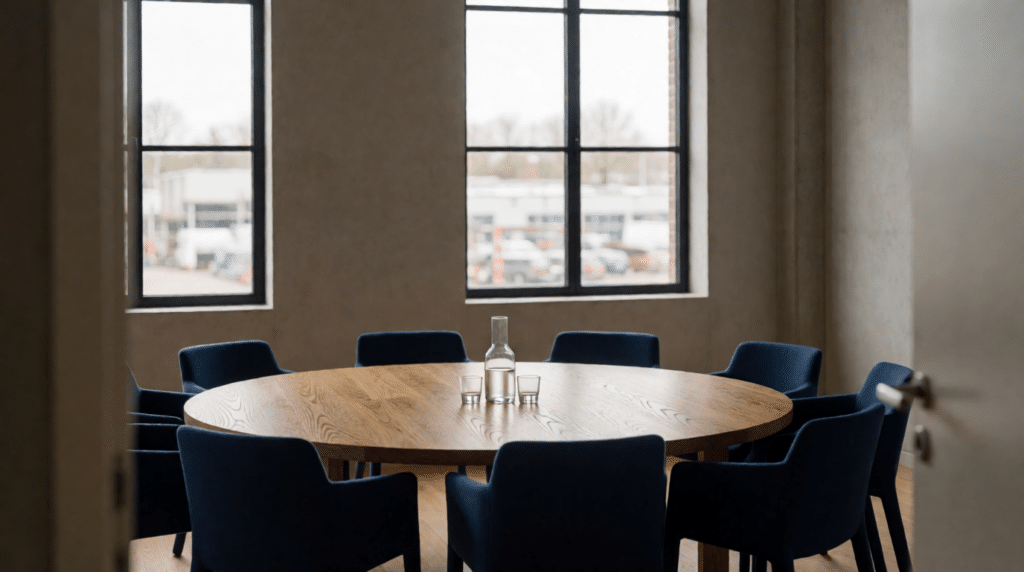 Meeting room with a round oak table and a circle of empty chairs