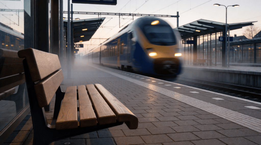 Train platform at dawn with an empty bench and an approaching train