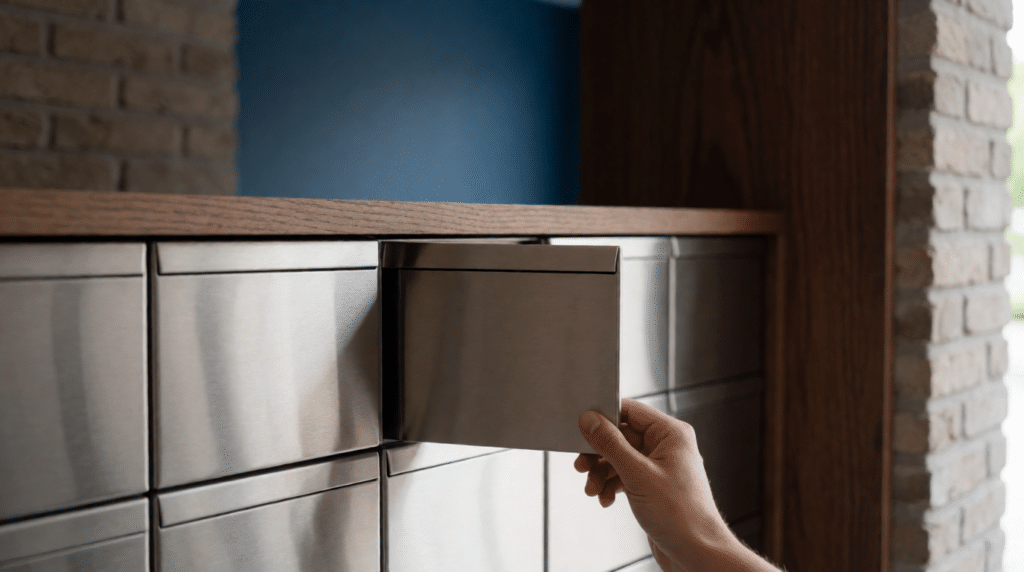 Hand opening a mailbox in a row in a brick apartment lobby