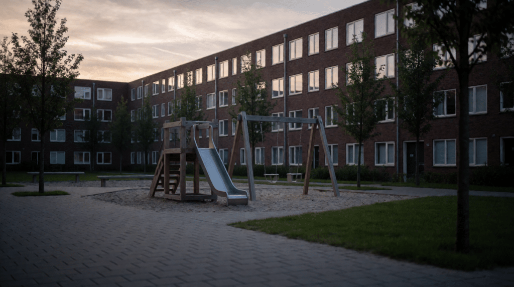 Deserted playground with a slide and swings in soft evening light
