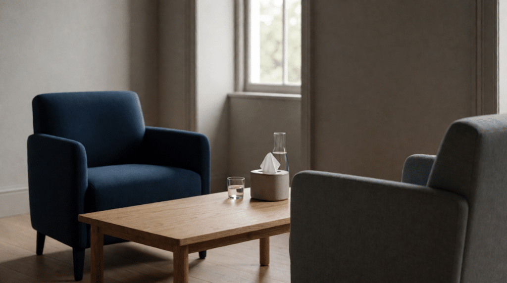 Two empty armchairs facing each other at a low oak table