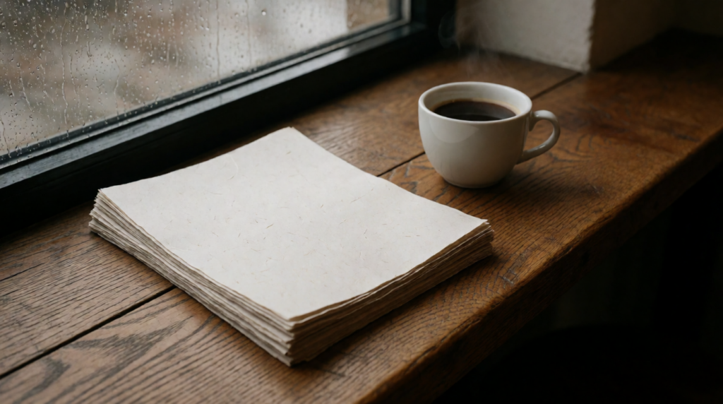 Folded newspapers and a coffee cup on a café table by a rainy window