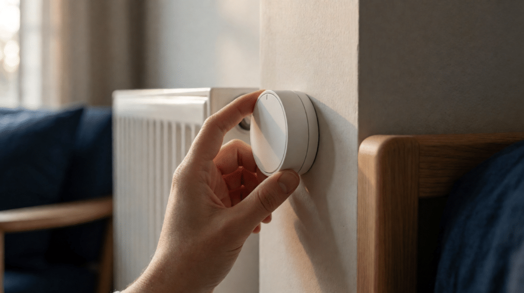 Hand adjusting a white thermostat beside a radiator in a living room