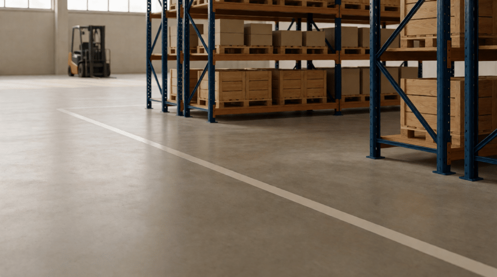 Warehouse floor with shelving split into two zones by a floor line