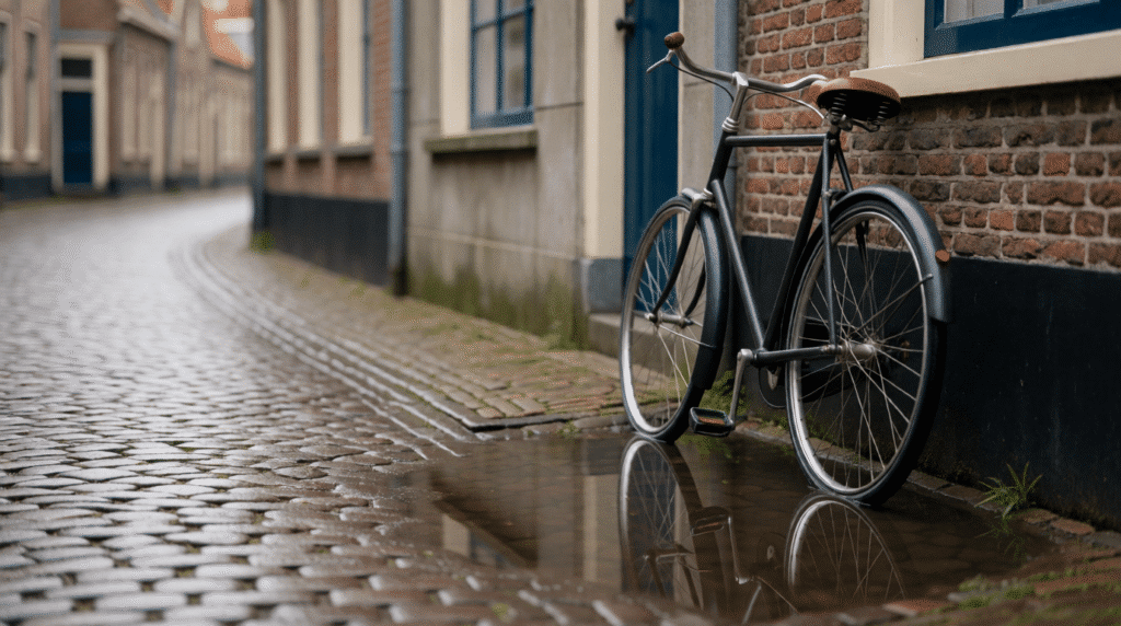 Wet cobblestone street with a puddle and a bicycle leaning on a wall