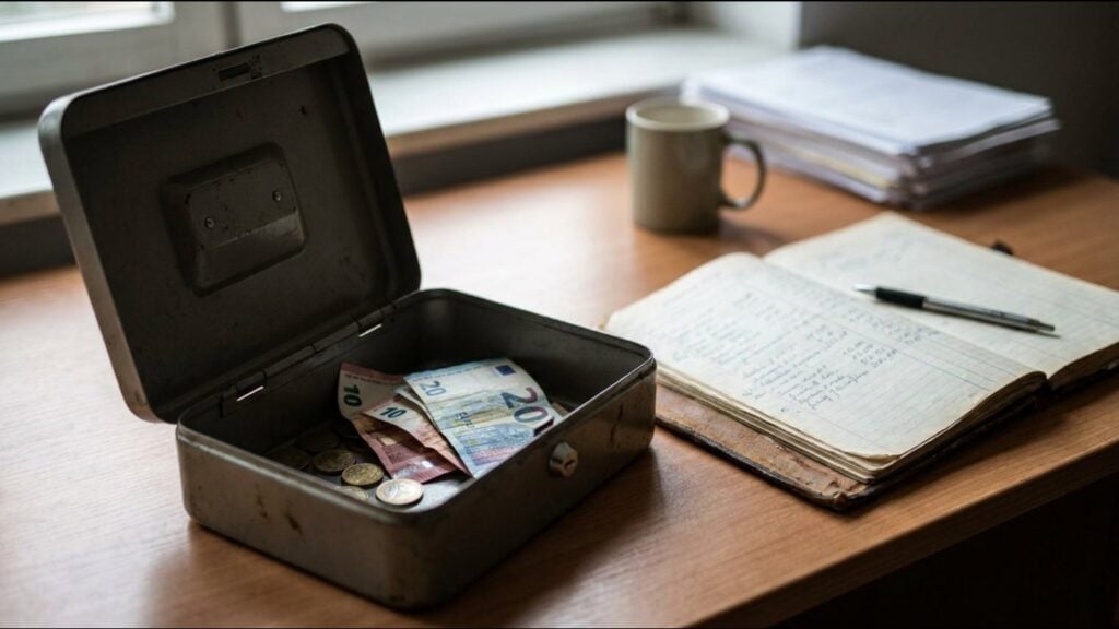 Open cash box with euro banknotes next to a ledger on a desk