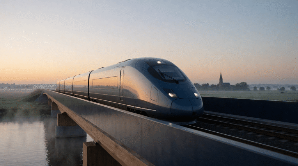 High-speed train crossing a river bridge at sunrise