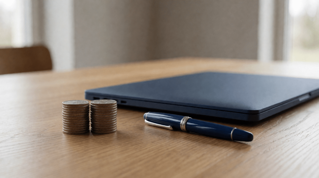 Two equal stacks of coins side by side on an oak desk next to a closed laptop