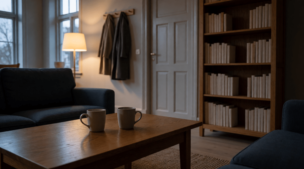 Cosy living room with two mugs, a bookshelf and coats by the door