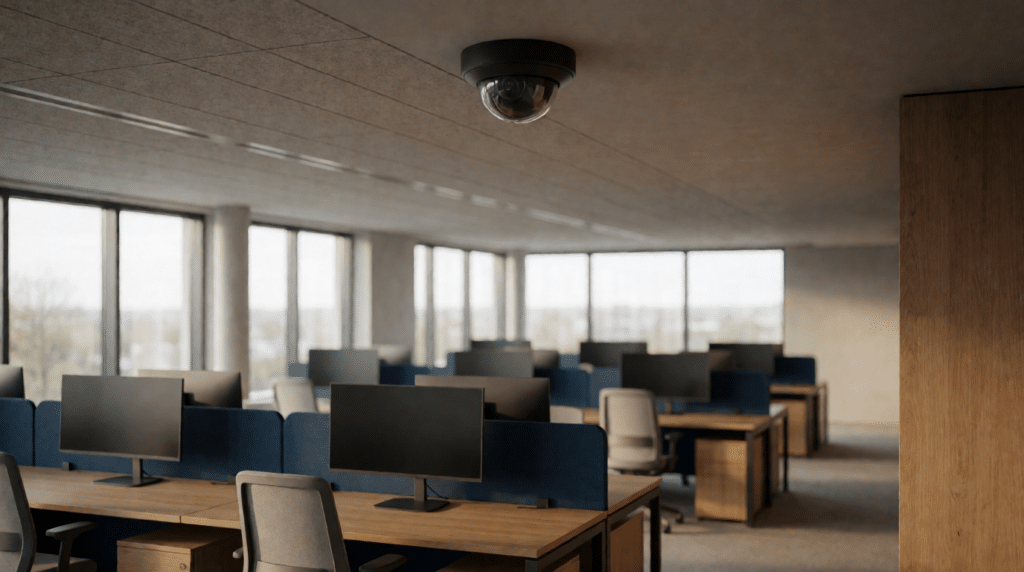 Ceiling security camera in a modern open-plan office
