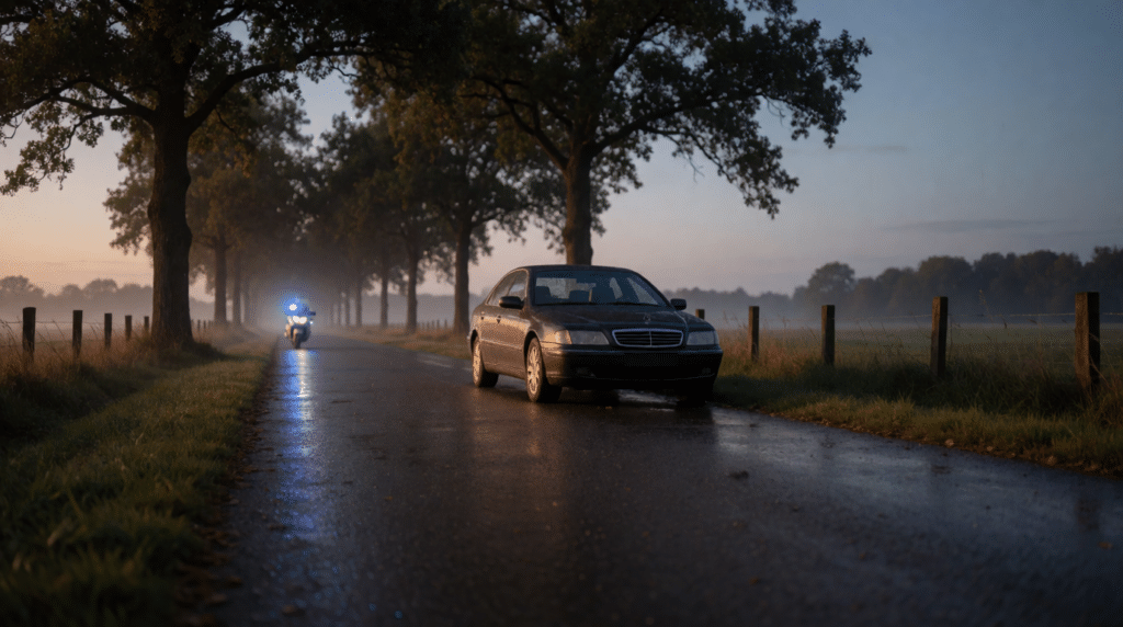 Parked car on a rural road at night with blue light on wet asphalt