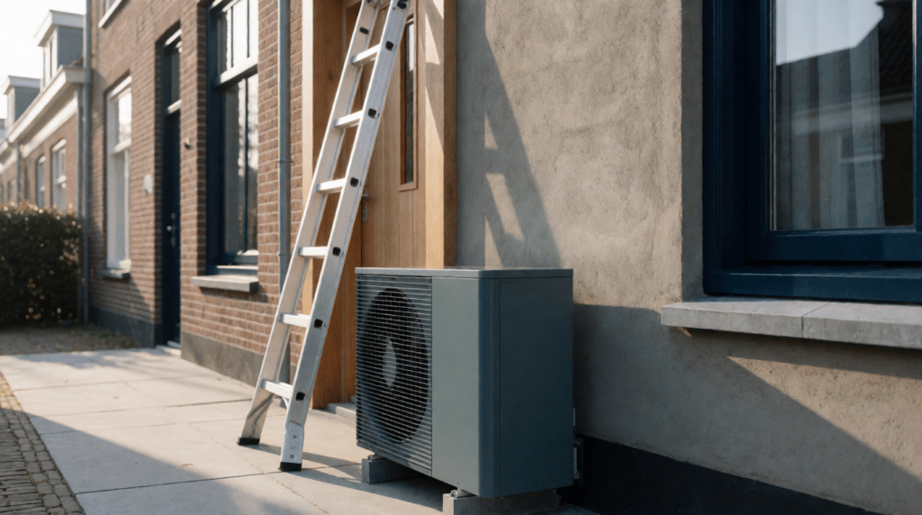 Terraced house with a heat pump, insulated wall and a ladder
