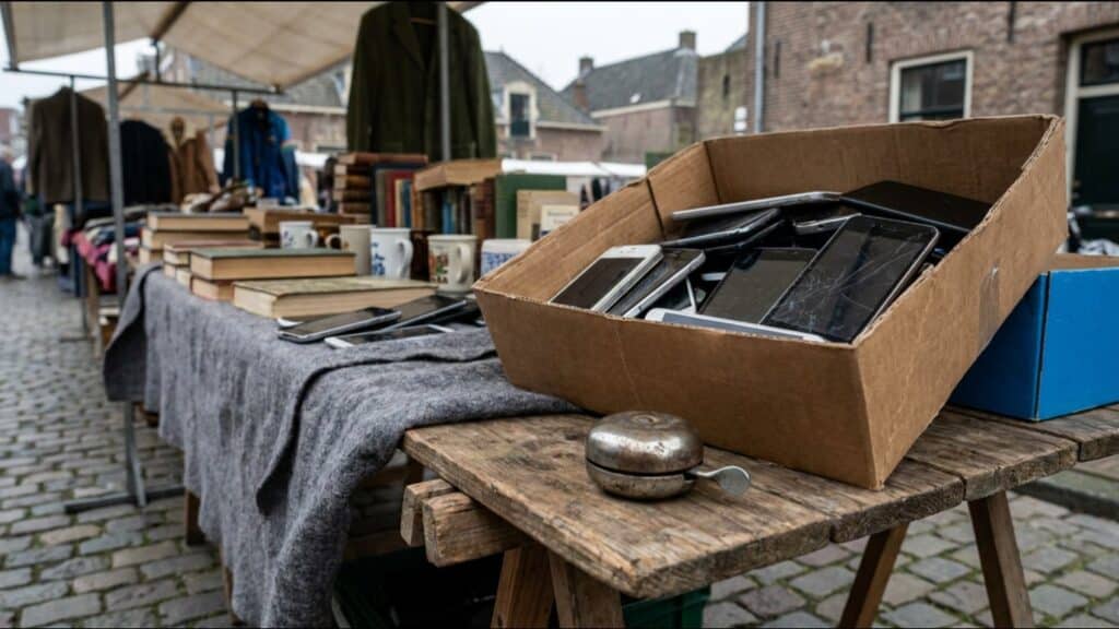 Cardboard box of used phones on a flea market table