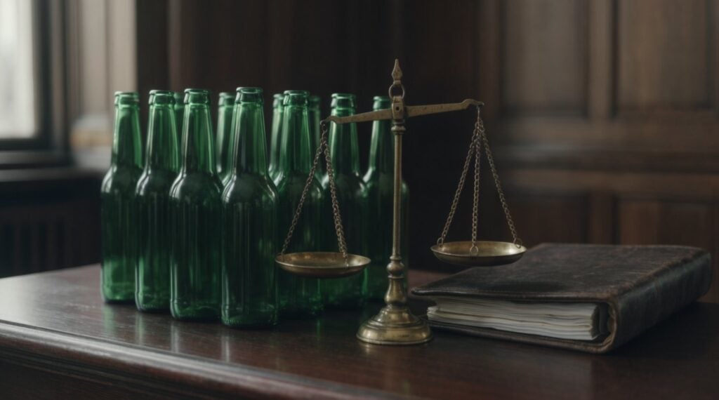 Unlabelled green beer bottles next to scales of justice and a case file on a wooden table.