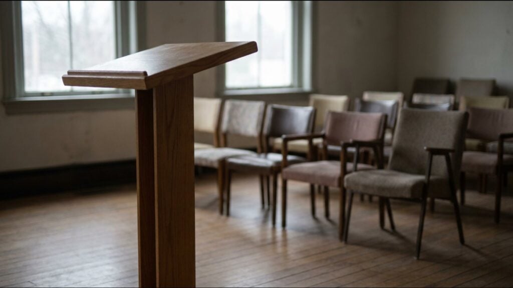 Empty lectern in a room with empty chairs