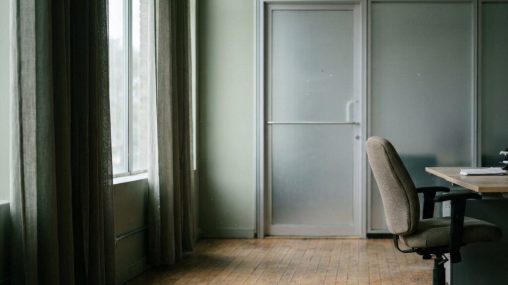 Empty office with a desk chair and a closed door