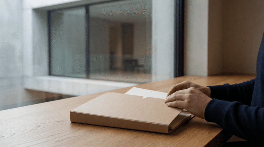 Hands opening a blank cardboard dossier on a table by a glass window