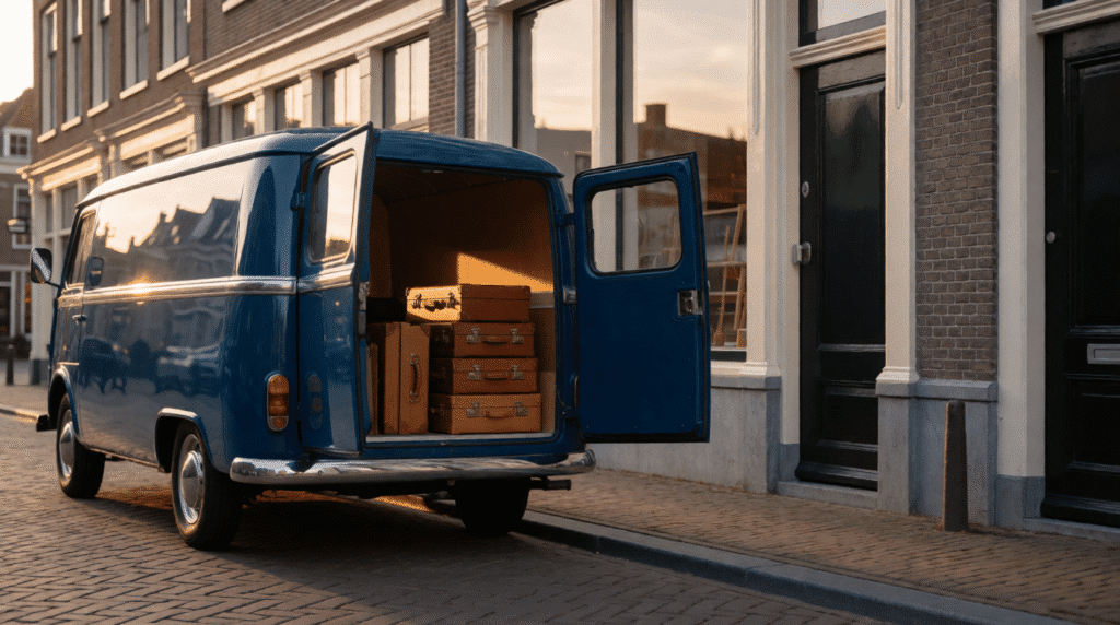 Delivery van with sample cases in front of a shop in a historic town centre