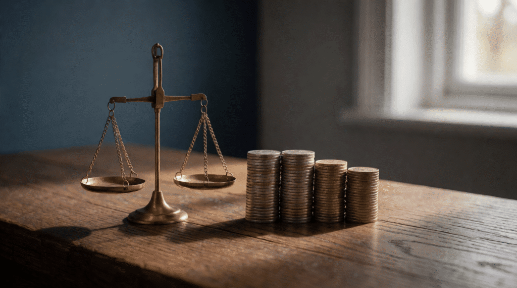 Stacked euro coins next to a small brass scale on a wooden counter