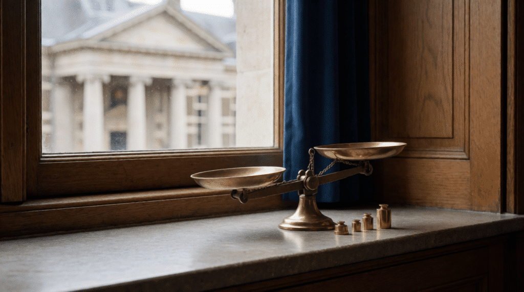 Brass balance scale with small weights on a stone windowsill