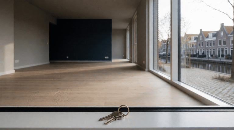 An empty, newly built rental apartment with an oak floor and keys on the window sill overlooking a canal.