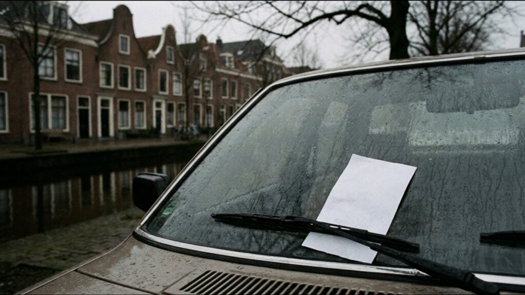 Ticket under the windscreen wiper of a car by a canal