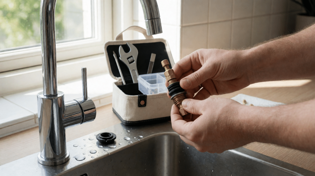 Tenant replacing a tap part above the kitchen sink, with a toolbox in the background