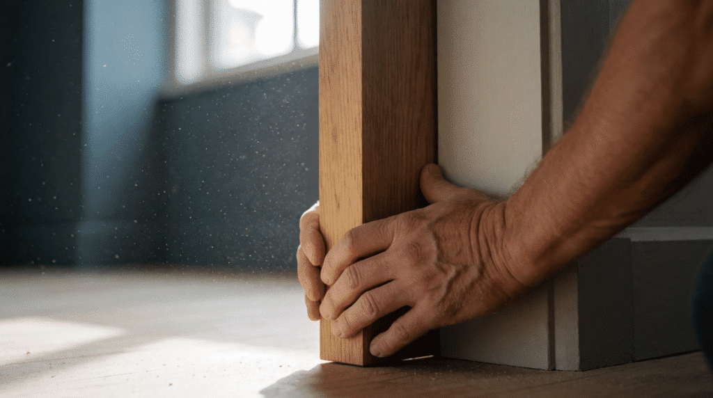 Carpenter's hands fitting a wooden door frame in a renovated house