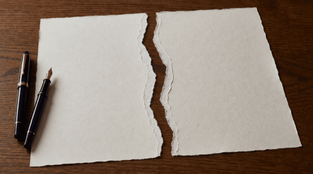 Torn sheet of paper in two halves on an oak table with two pens