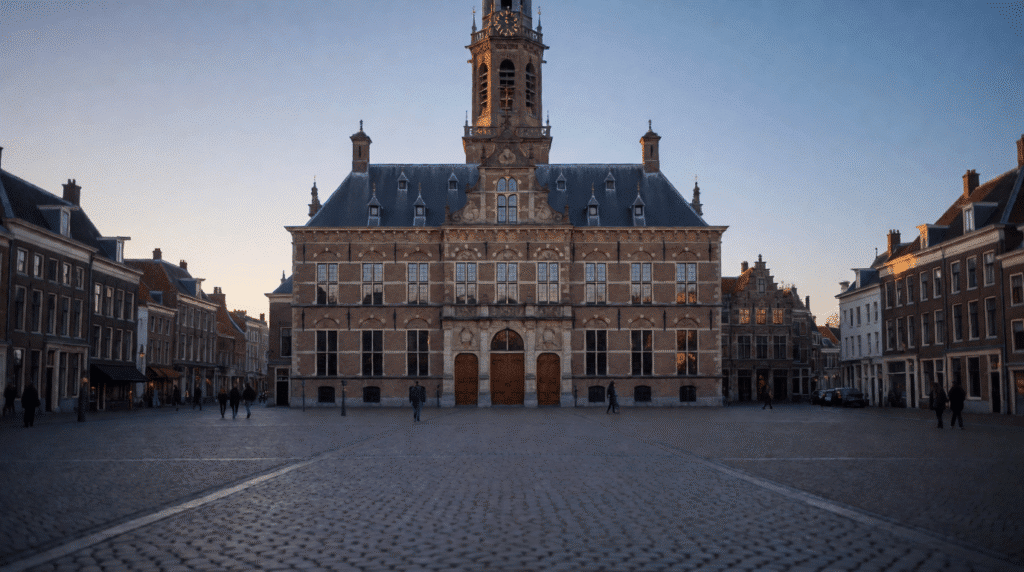 Town hall with a clock tower on a square in the evening