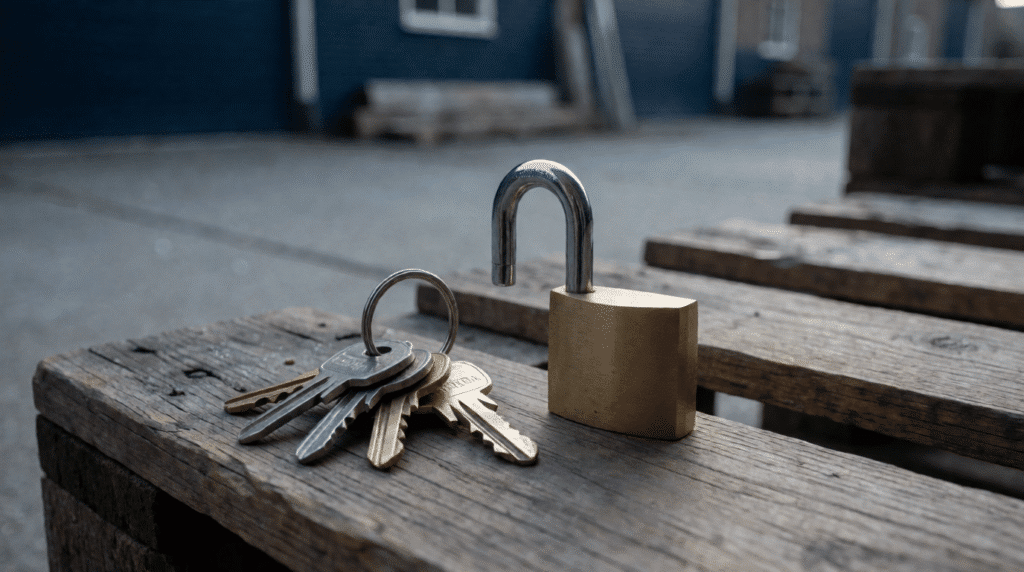 Bunch of keys and an open padlock on a wooden pallet in a workshop yard
