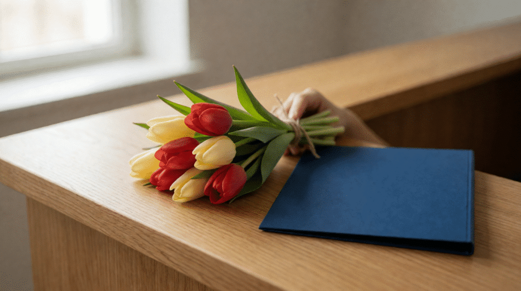 Tulip bouquet and a blue folder on a municipal counter