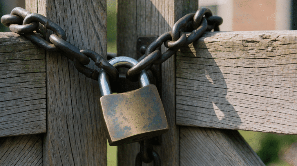 Brass padlock on a chain on a wooden farmhouse garden gate