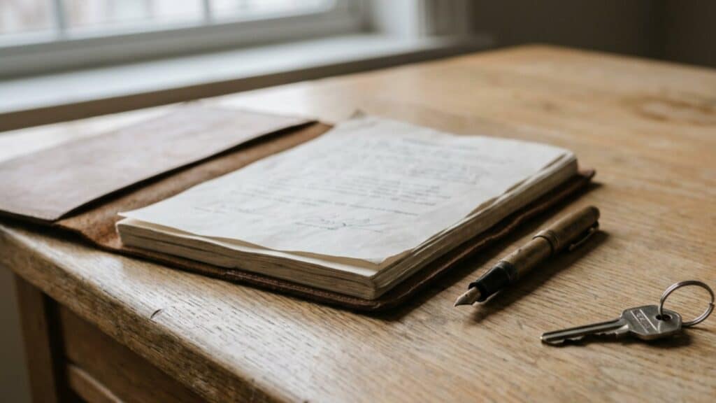 Signed agreement with a fountain pen and a key on a wooden desk