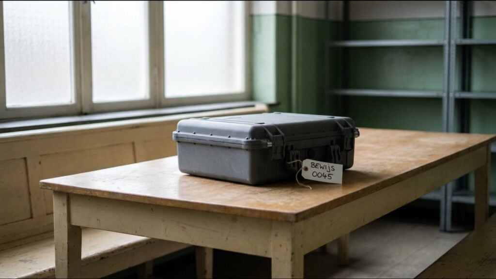 Closed grey case with a numbered evidence tag on an empty table