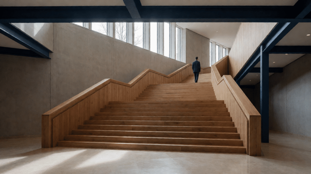 Atrium of a modern courthouse with a wide staircase and a distant figure