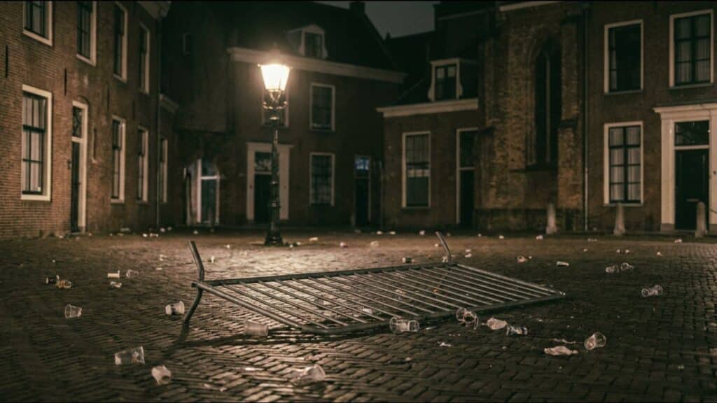 Empty city square at night with a toppled crowd barrier and plastic cups