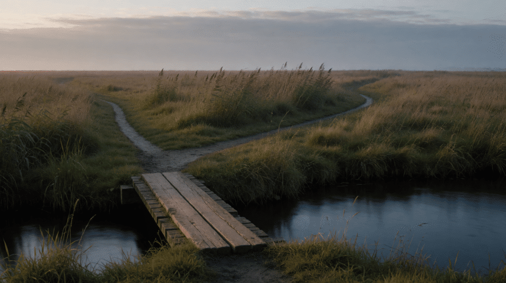 Two paths across a meadow with a wooden footbridge over a ditch