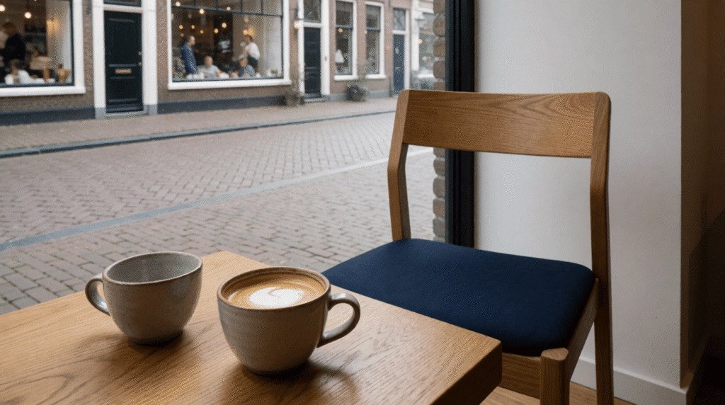 Two coffee cups on a café table by the window with an empty chair