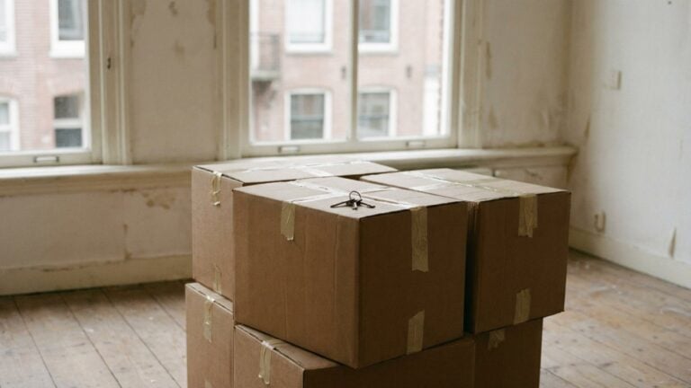 Stacked moving boxes with a set of keys in an empty apartment