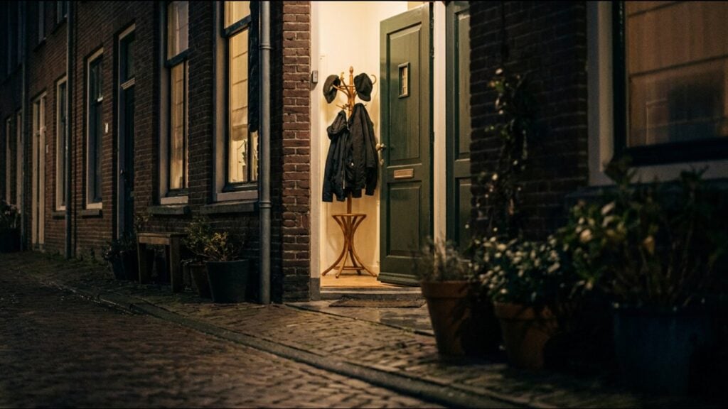 Open front door of a house at night with the hallway light on