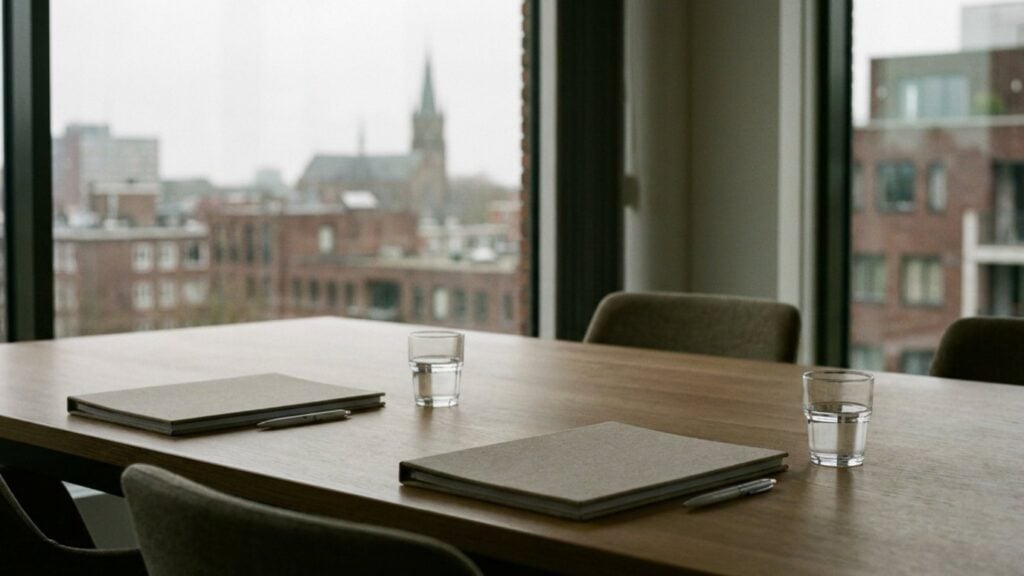 Meeting table with two closed folders and glasses of water by a window